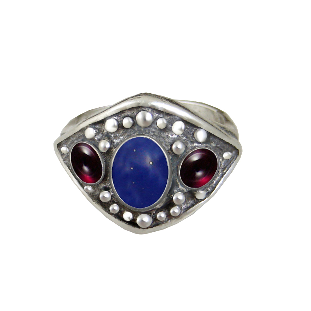 Sterling Silver Medieval Lady's Ring with Lapis Lazuli And Garnet Size 8